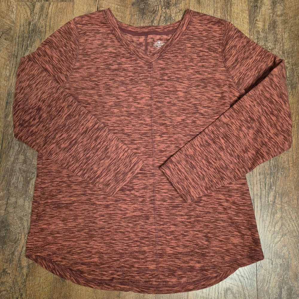 St Johns Bay V-Neck Top Womens Large Burgundy Space Dye Long Sleeve Pullover